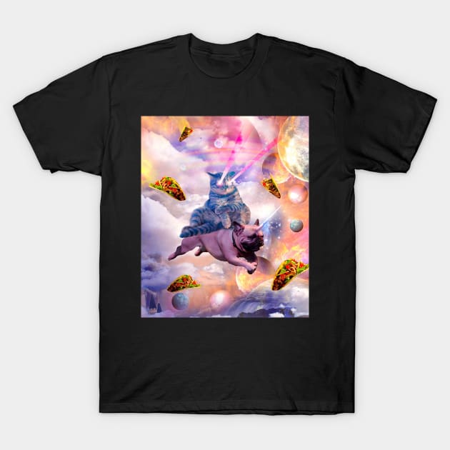 Cosmic Laser Cat Riding Unicorn Pug T-Shirt by Random Galaxy